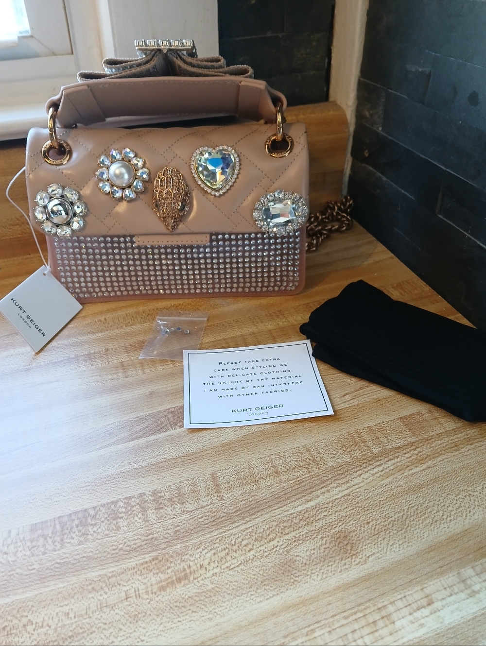Kurt Geiger Quilted bronze Jeweled Crossbody Bag with Gold Chain